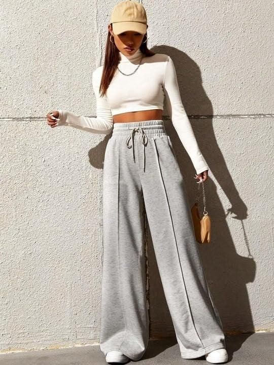 Women's High Waist Wide Leg Casual Pants (Light Grey)